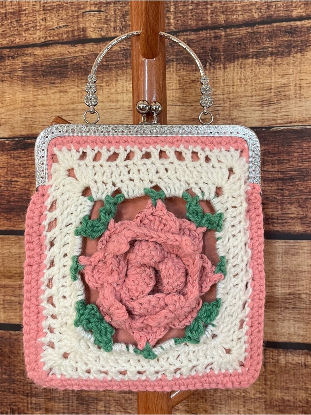 Handmade Crochet Rose Square Frame Bag in Pink and Cream